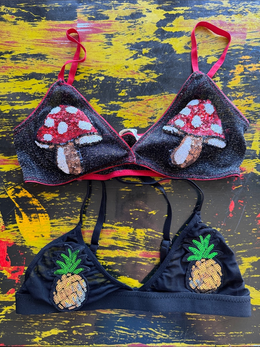 Lot of 2 Sequin Mushroom & Pineapple Bralette Set - Black and Red